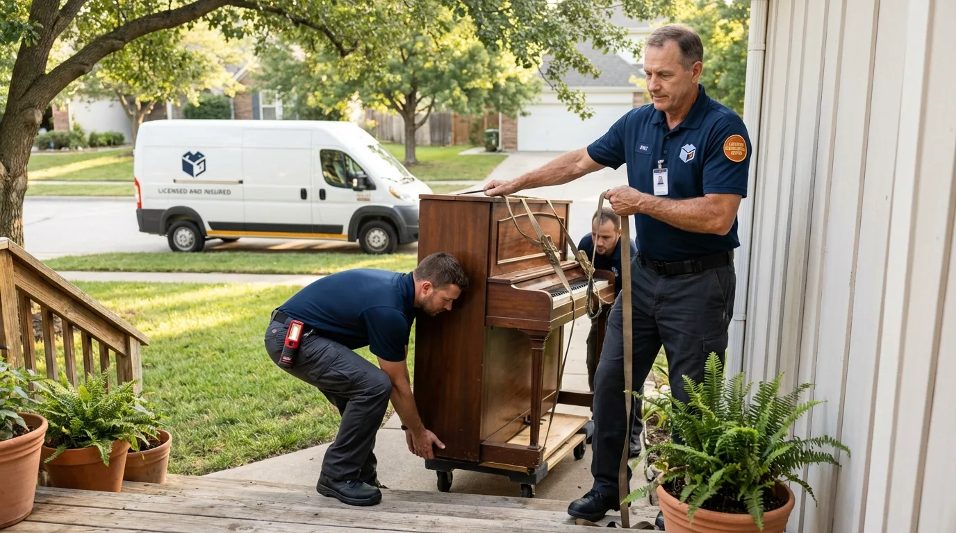 Licensed piano movers securing grand piano in Del Rey, CA