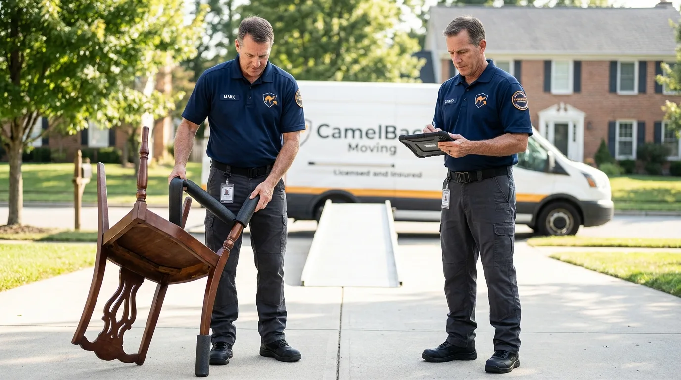Movers inspecting furniture for damage prevention before loading in Del Rey, CA