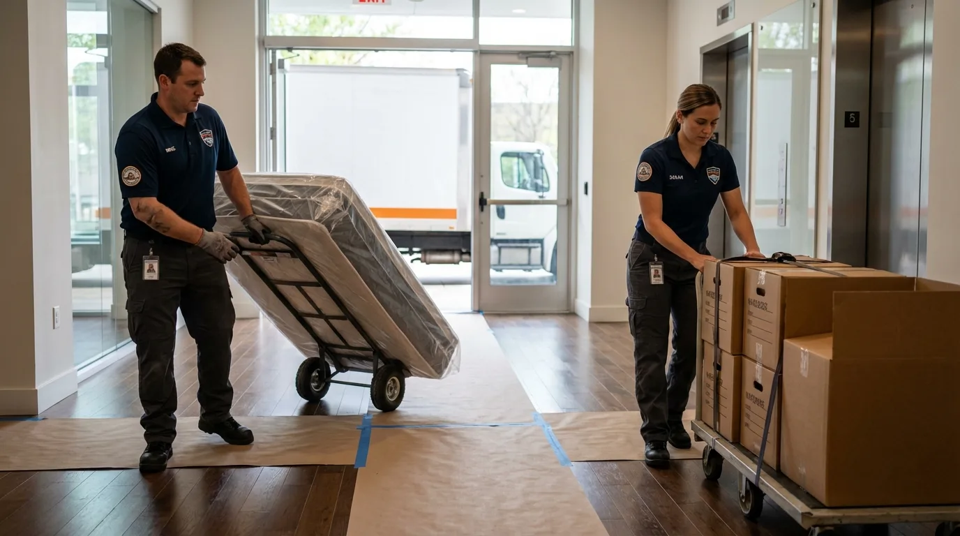 Professional apartment movers loading elevator in Del Rey, CA