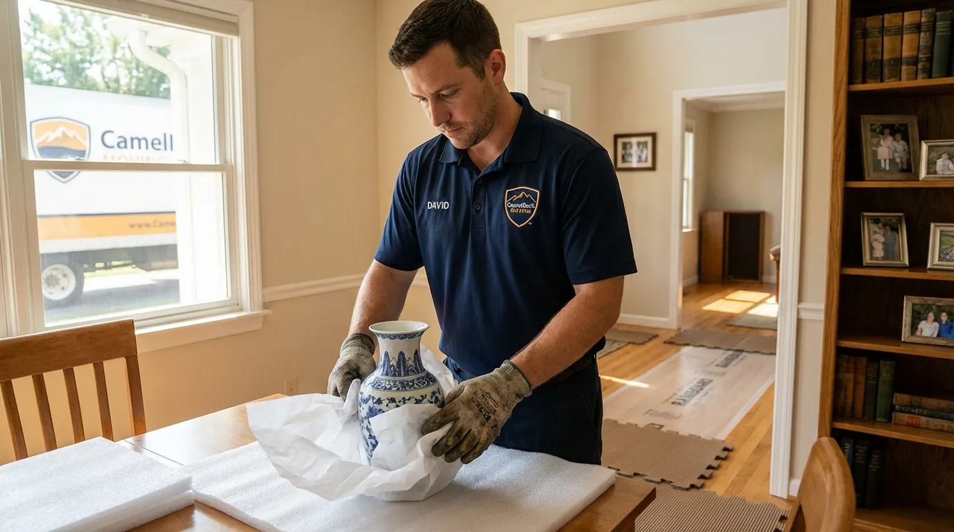 Professional crew carefully wrapping antique vase for senior downsizing move in Del Rey, CA